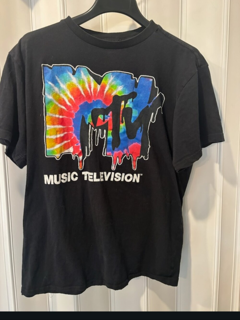 MTV Black Tee with Rainbow Tie-Dye Logo